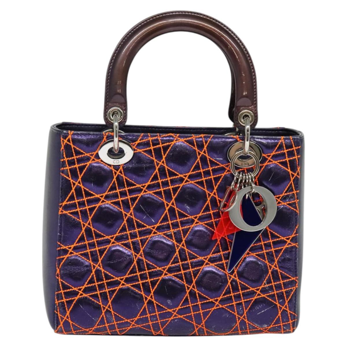 Christian Dior Lady Dior Canage Hand Bag Leather 2way Purple Silver Auth 122927