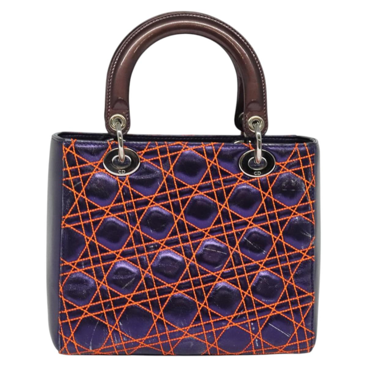 Christian Dior Lady Dior Canage Hand Bag Leather 2way Purple Silver Auth 122927