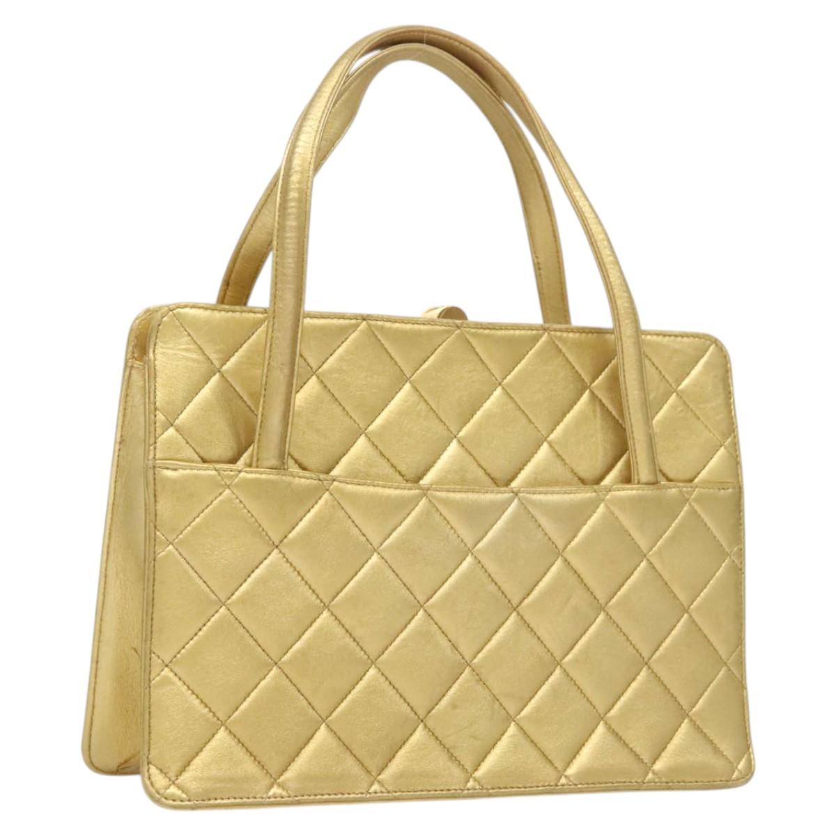 CHANEL Matelasse Hand Bag Lamb Skin Gold Tone CC Auth 122943