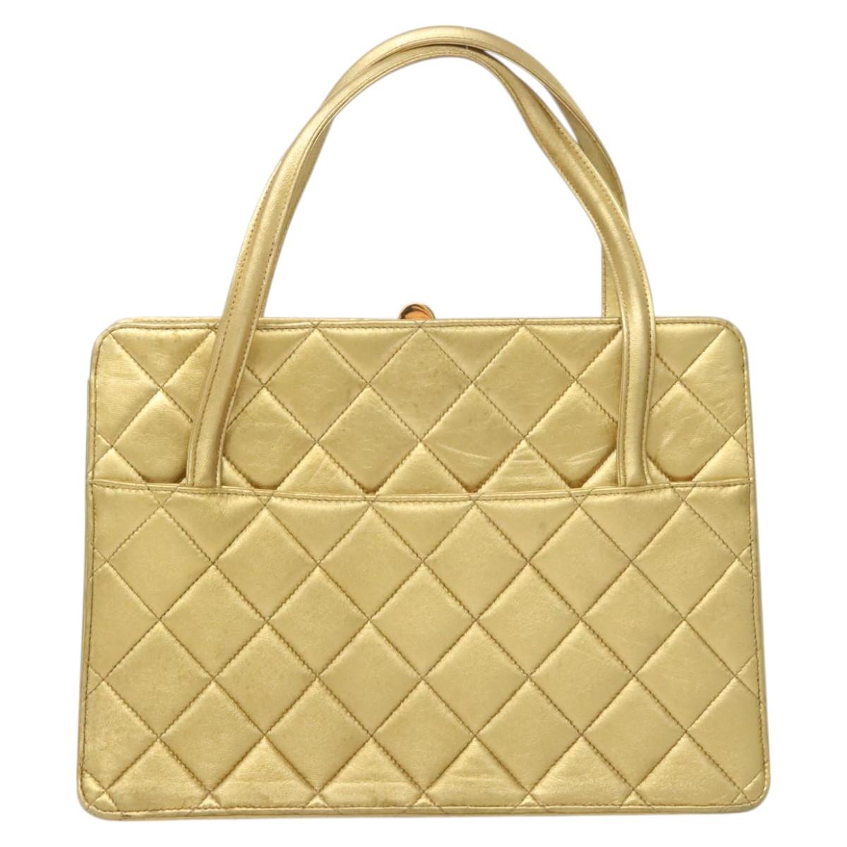 CHANEL Matelasse Hand Bag Lamb Skin Gold Tone CC Auth 122943