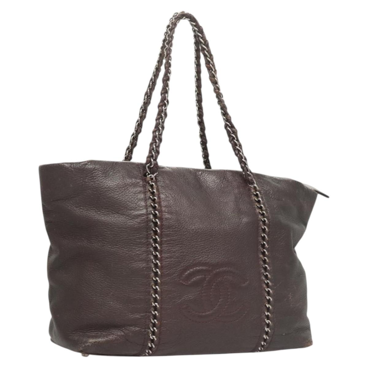 CHANEL COCO Mark Chain Tote Bag Leather Dark Brown CC Auth 122961
