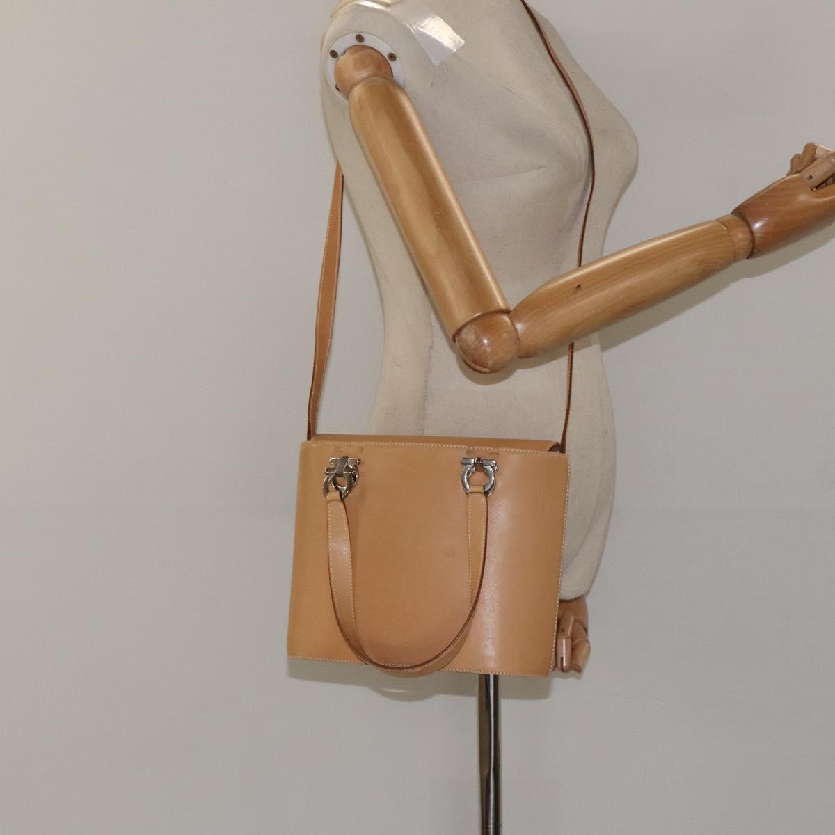 Salvatore Ferragamo Gancini Hand Bag Leather 2way Beige Silver Auth 122976