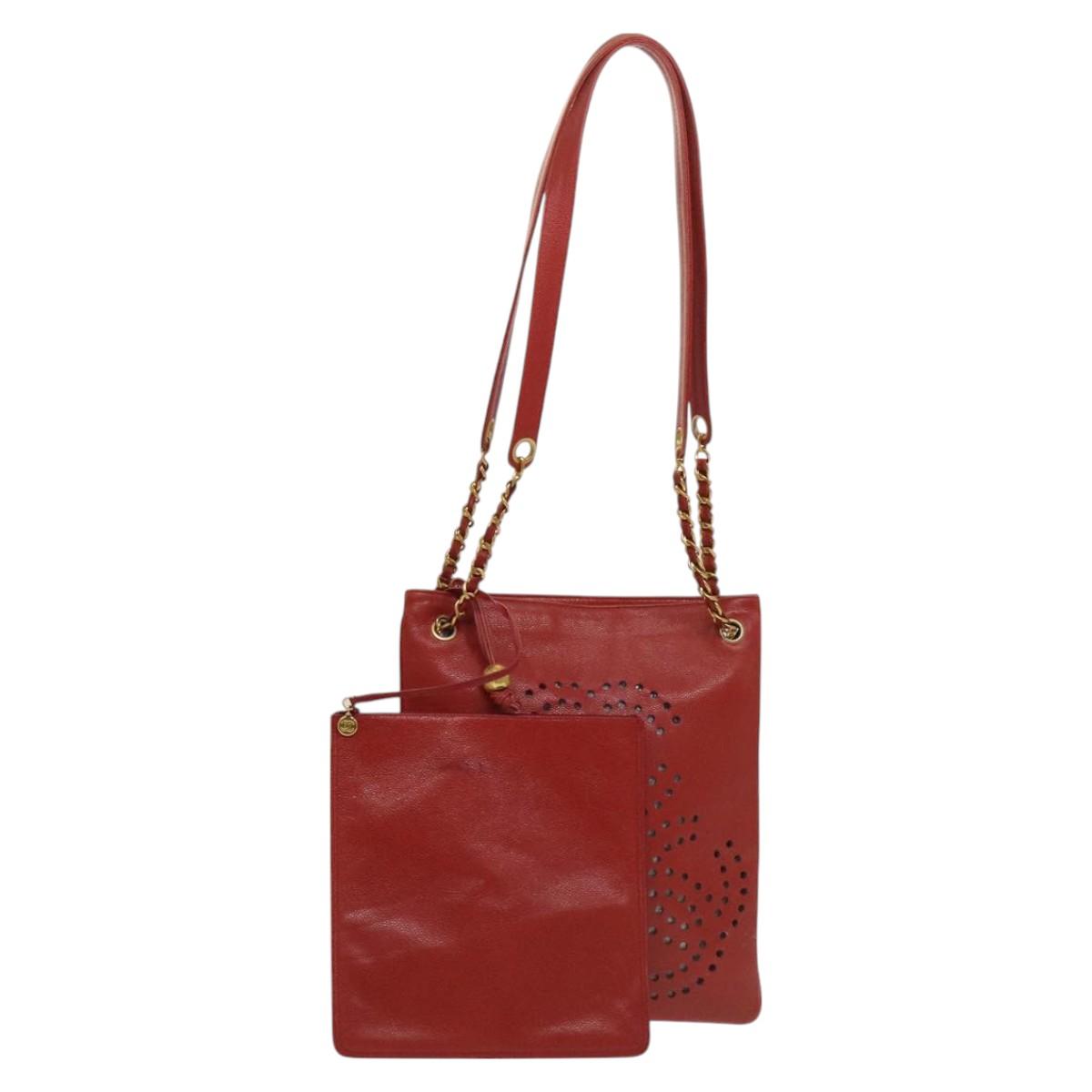 CHANEL Triple Coco Chain Shoulder Bag Caviar Skin Red CC Auth 123009