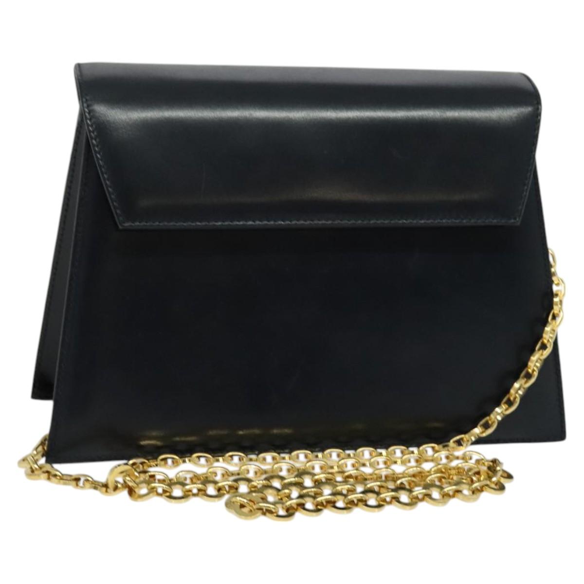 Salvatore Ferragamo Chain Shoulder Bag Leather Navy Gold Auth 123015