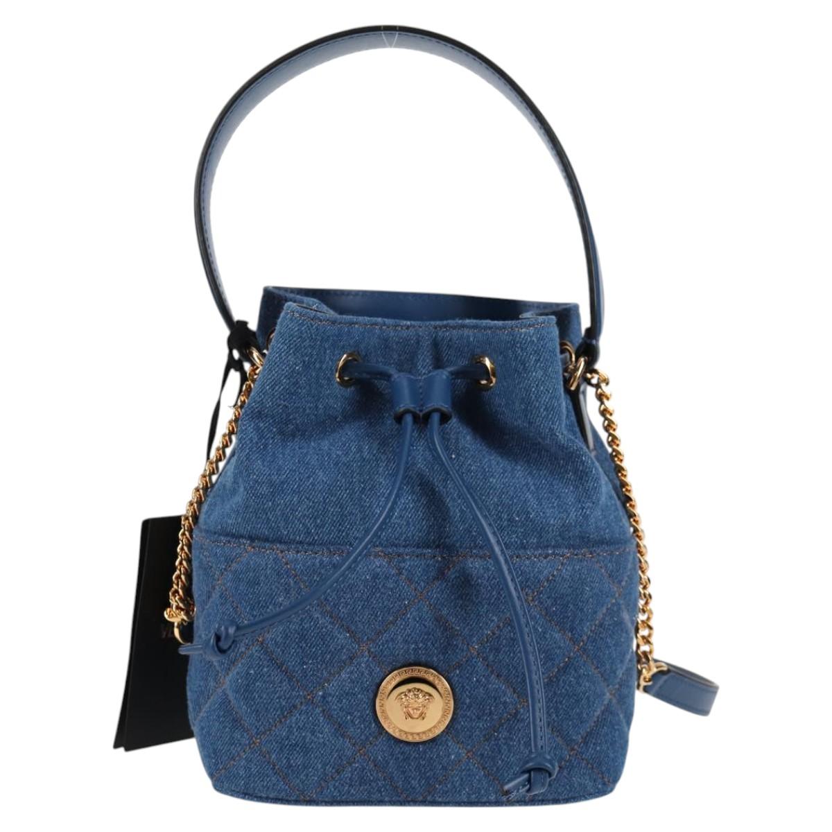 VERSACE Hand Bag Denim 2way Blue Gold Auth 123019A
