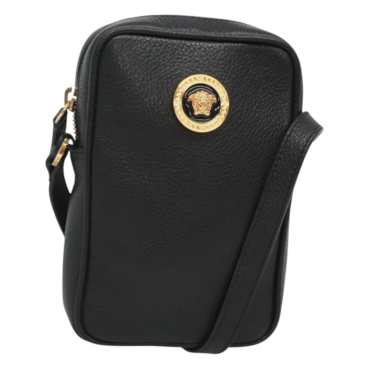 VERSACE Shoulder Bag Leather Black Gold Auth 123021