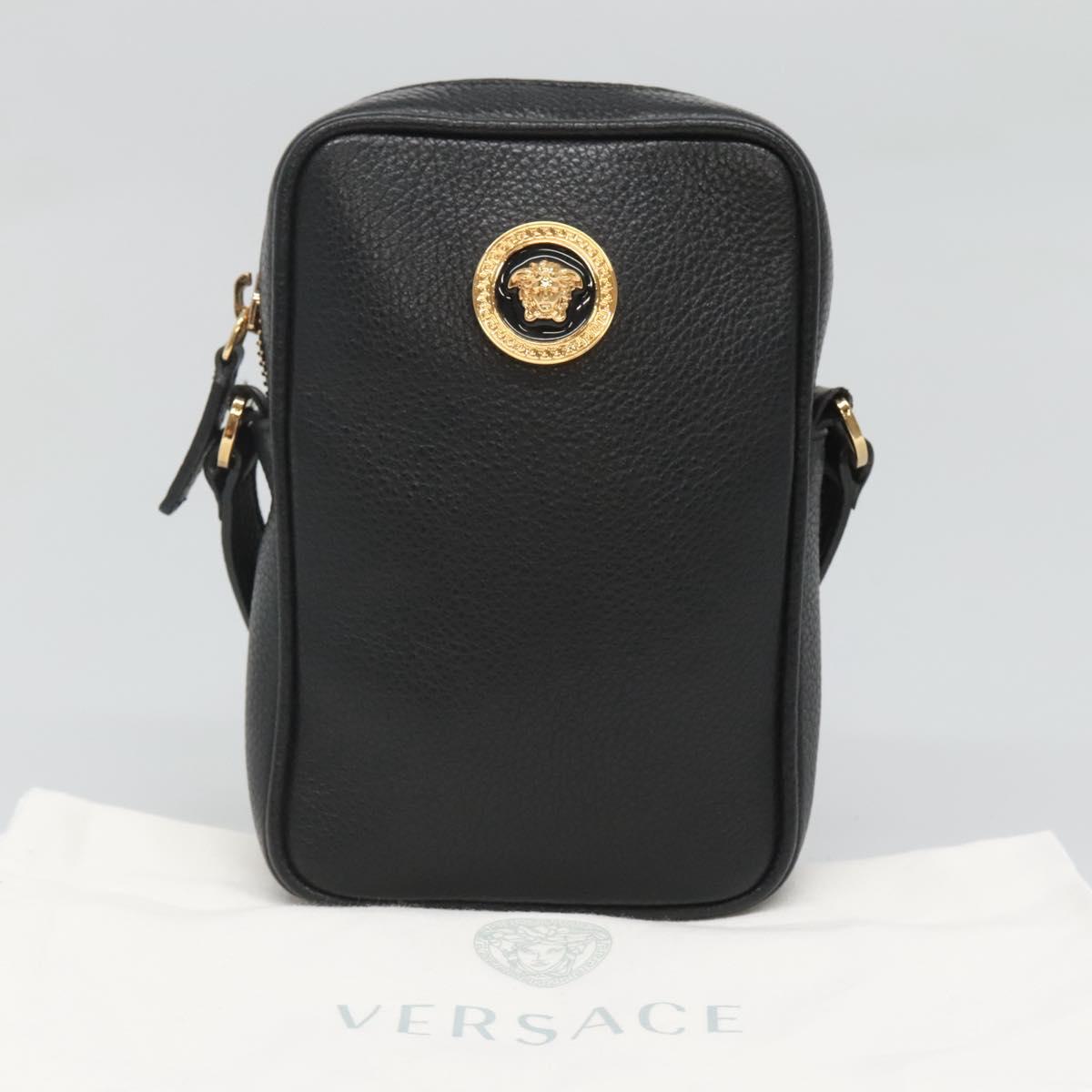 VERSACE Shoulder Bag Leather Black Gold Auth 123021