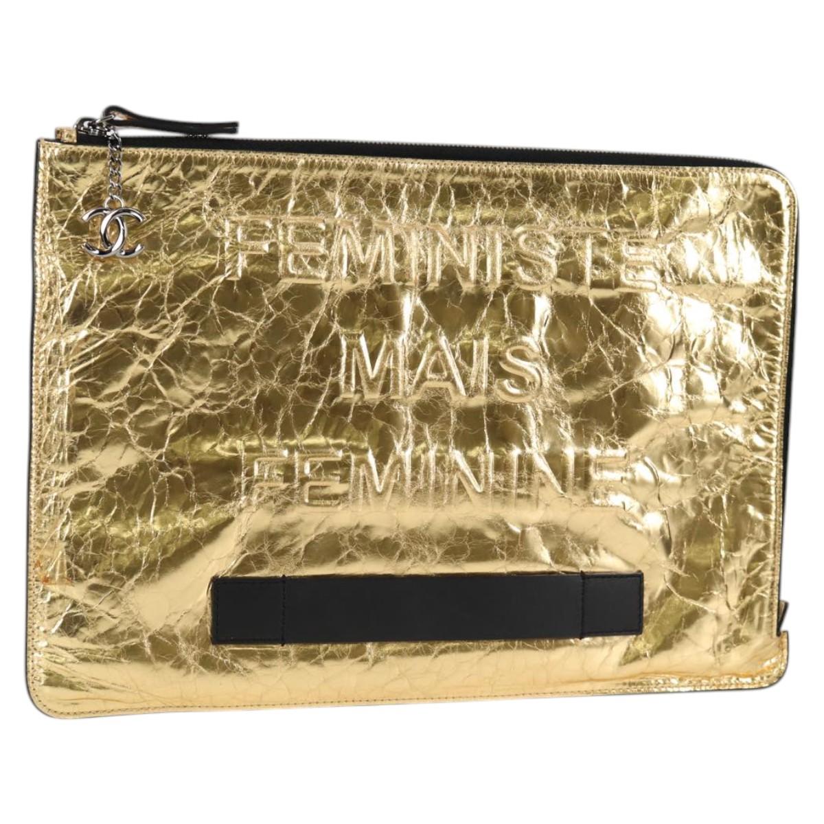 CHANEL Clutch Bag Leather Gold CC Auth 123083V