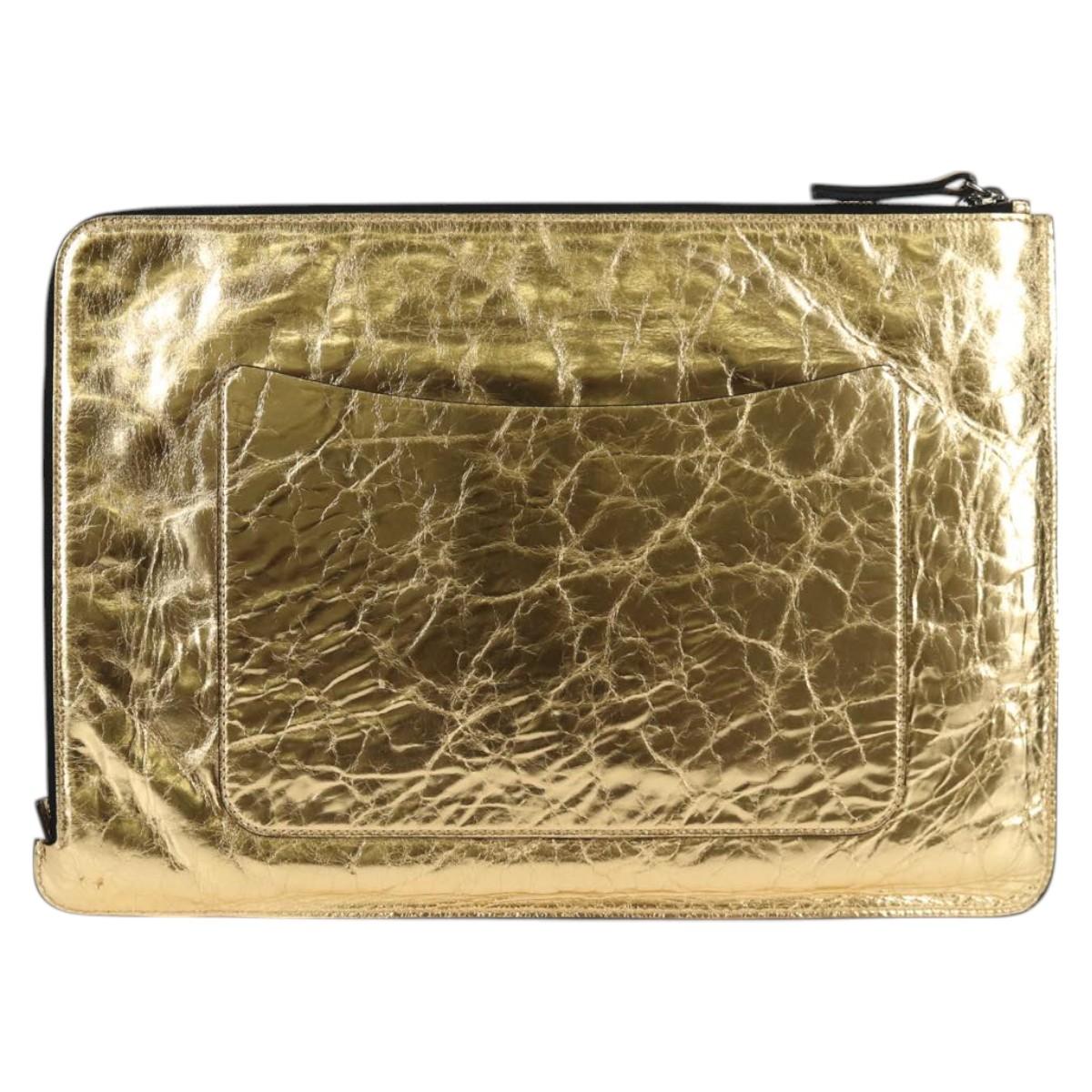 CHANEL Clutch Bag Leather Gold CC Auth 123083V