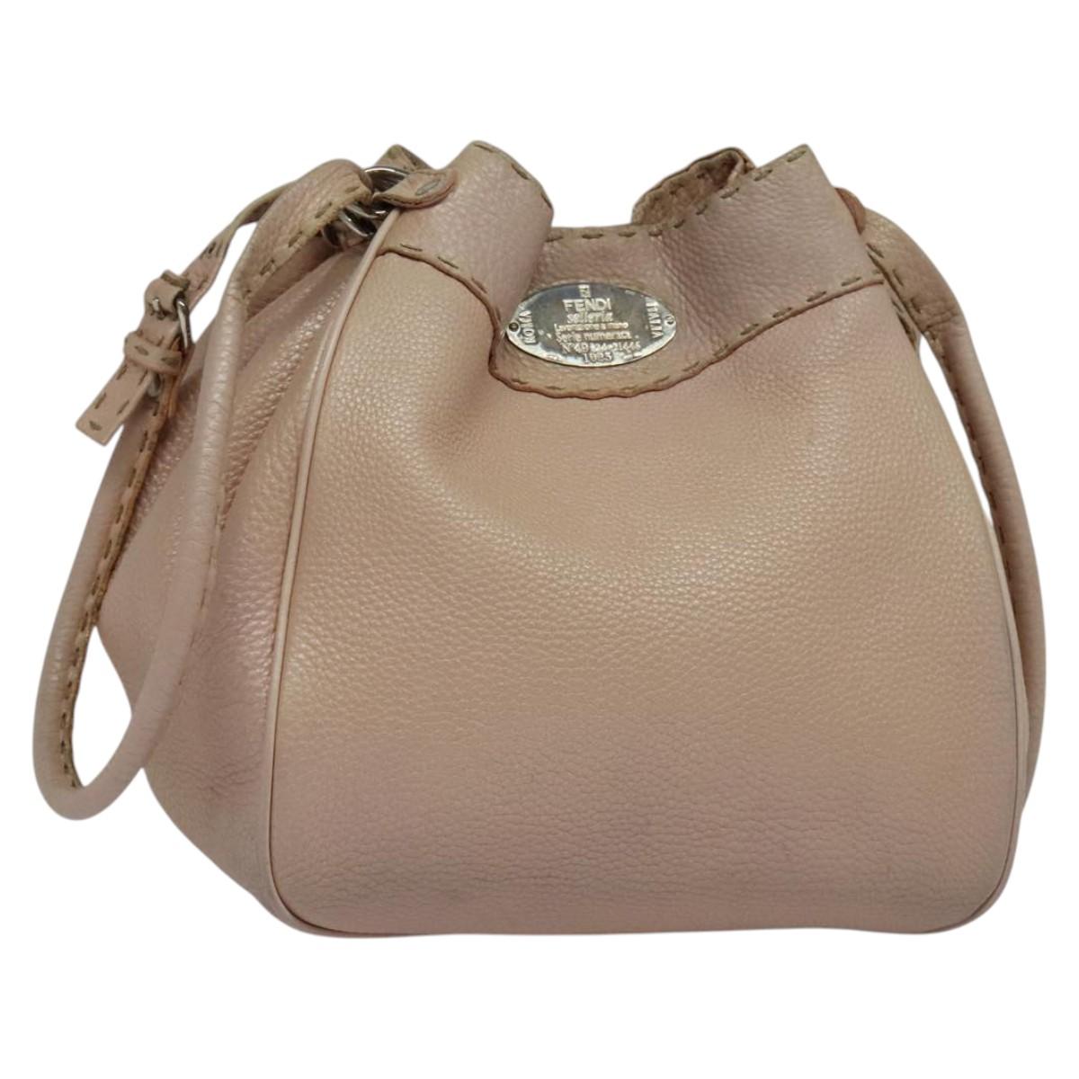 FENDI Celeria Shoulder Bag Leather Beige Silver Auth 123101