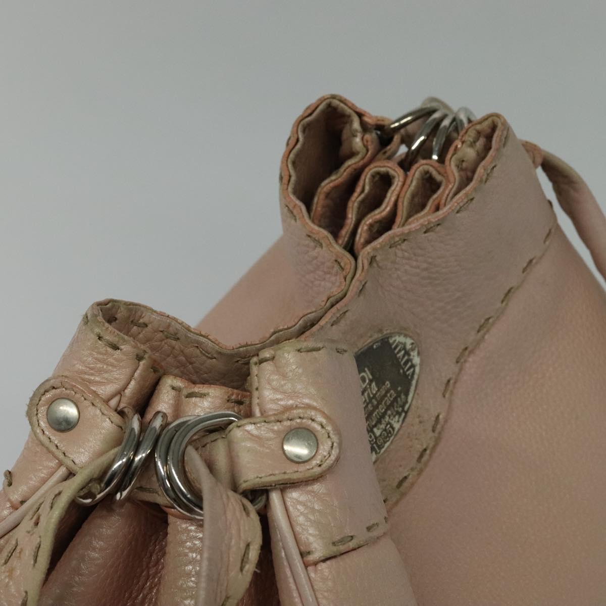 FENDI Celeria Shoulder Bag Leather Beige Silver Auth 123101