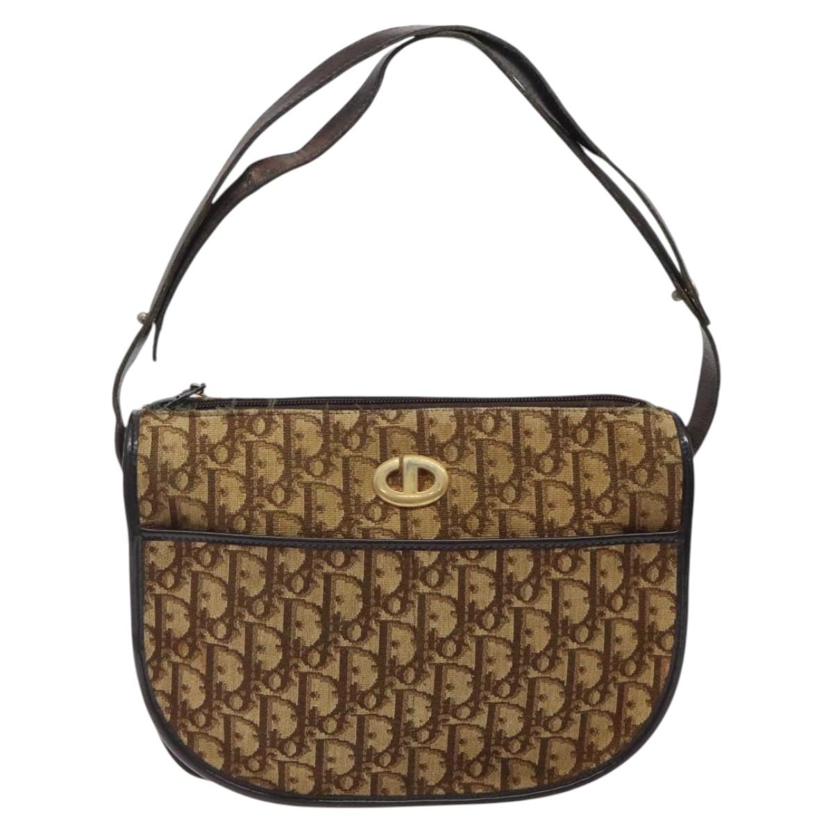 Christian Dior Trotter Canvas Shoulder Bag Brown Gold Auth 123107