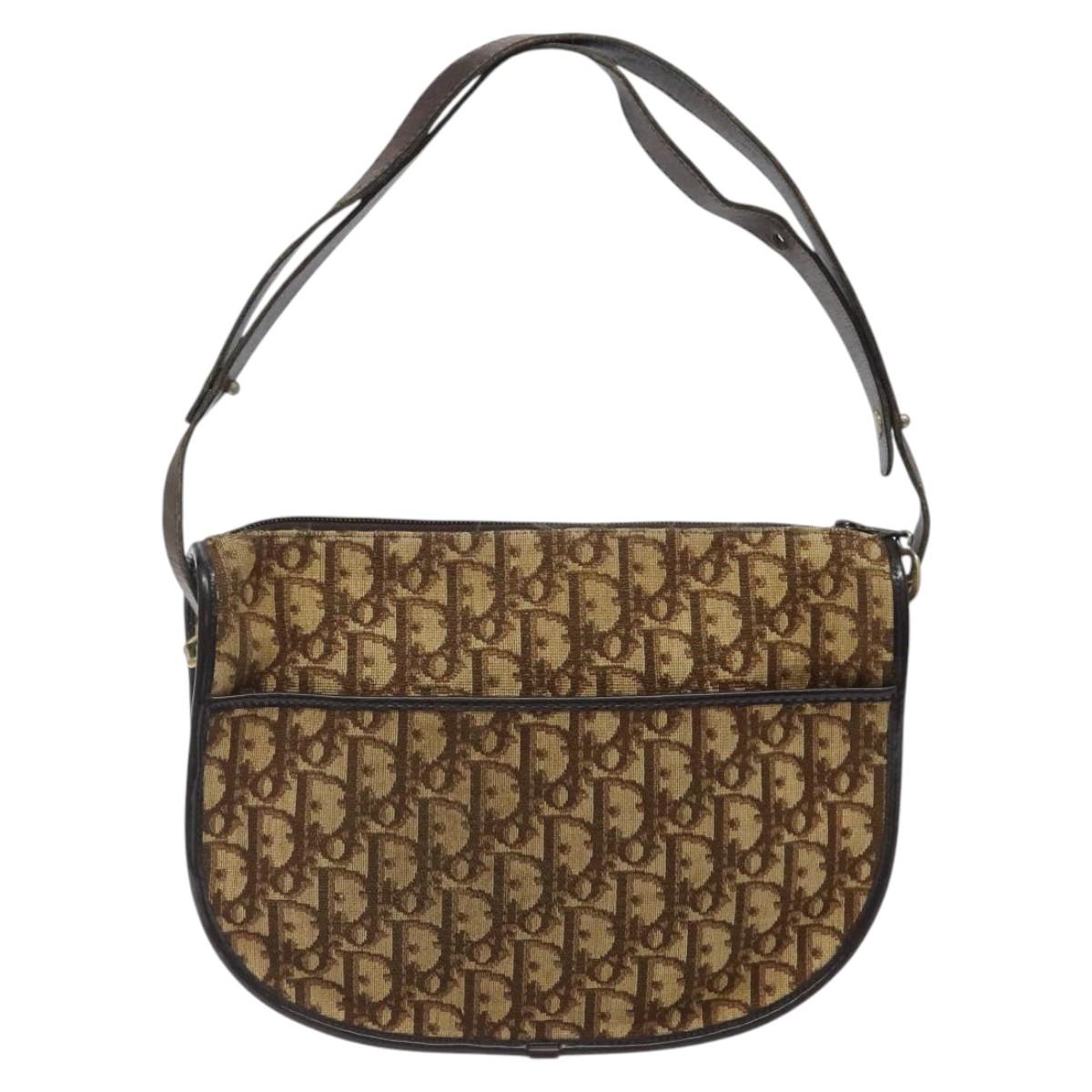 Christian Dior Trotter Canvas Shoulder Bag Brown Gold Auth 123107