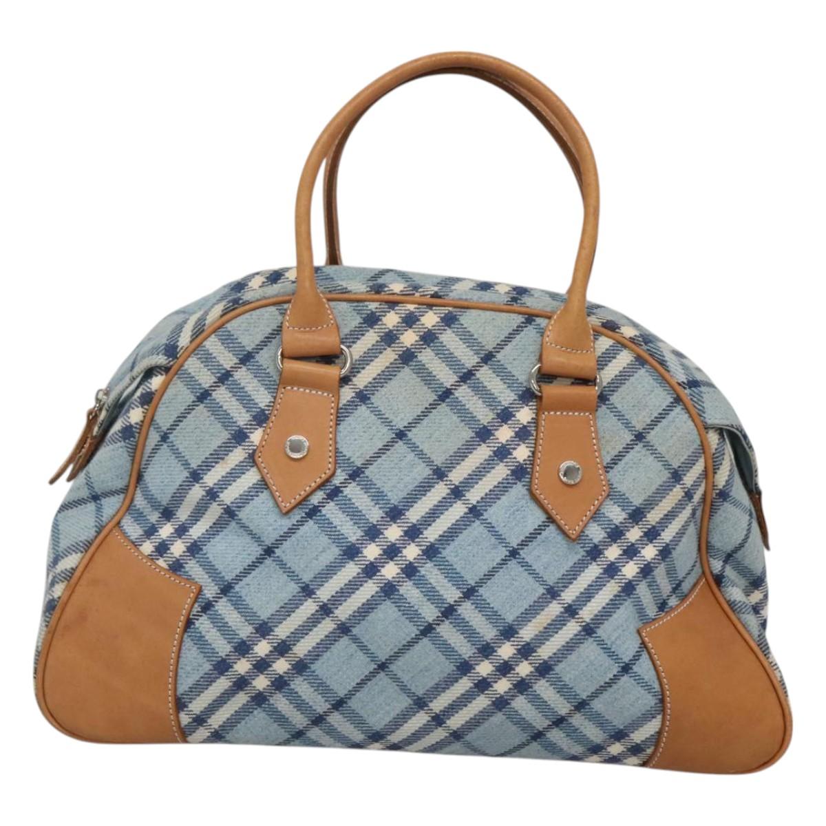 BURBERRY Nova Check Blue Label Hand Bag Wool Light Blue Silver Auth 123149
