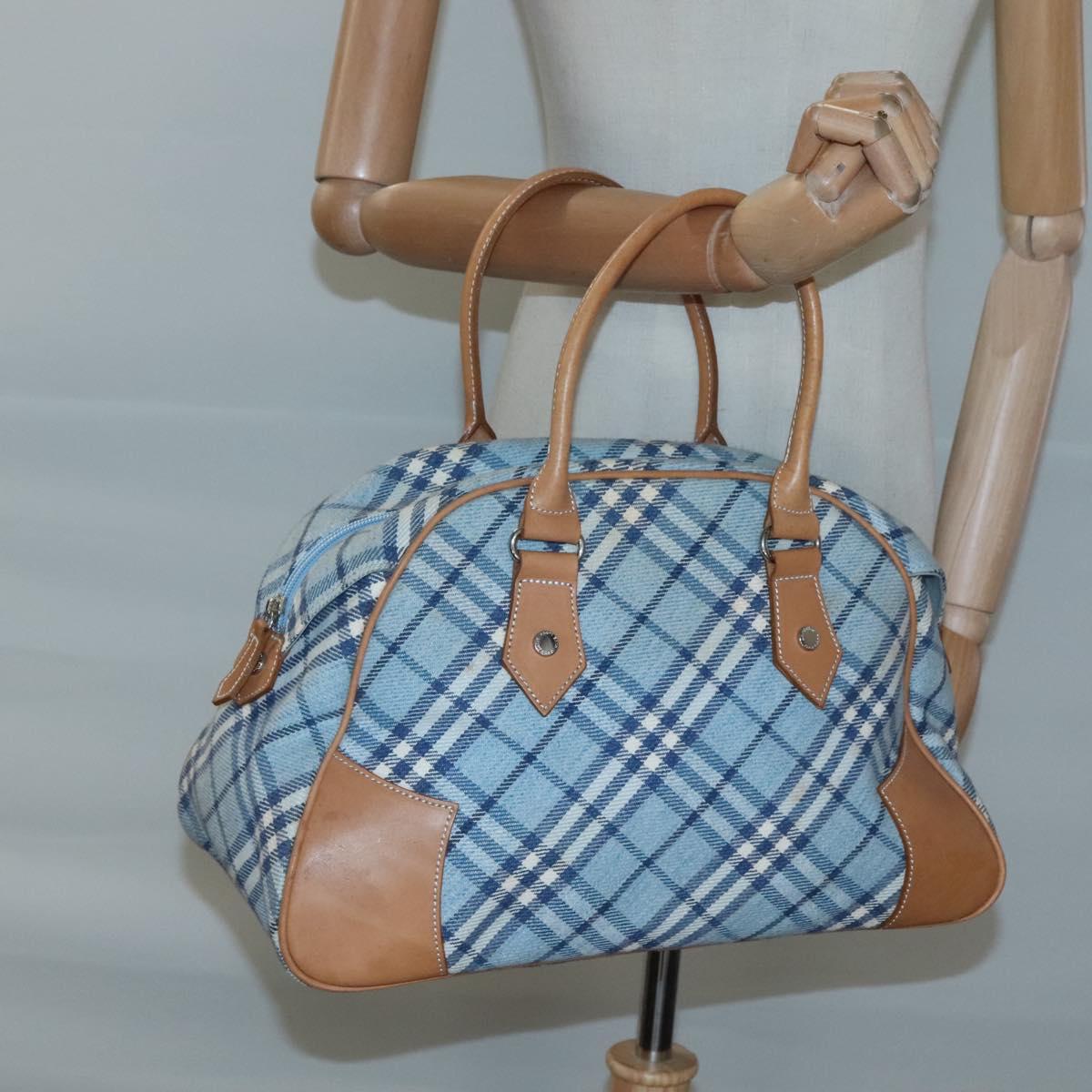 BURBERRY Nova Check Blue Label Hand Bag Wool Light Blue Silver Auth 123149