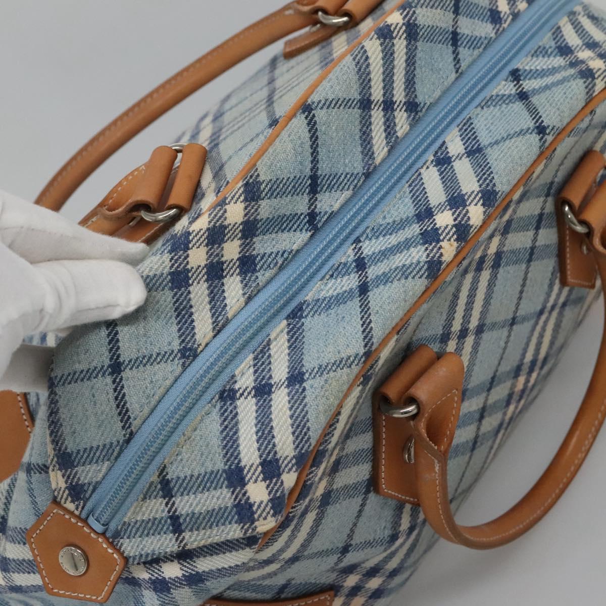 BURBERRY Nova Check Blue Label Hand Bag Wool Light Blue Silver Auth 123149