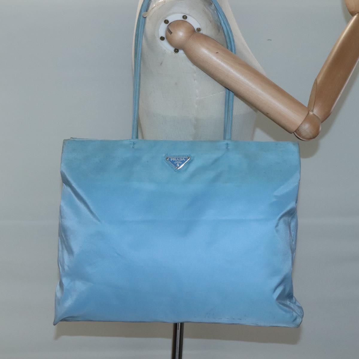 PRADA Tote Bag Nylon Light Blue Silver Auth 123154