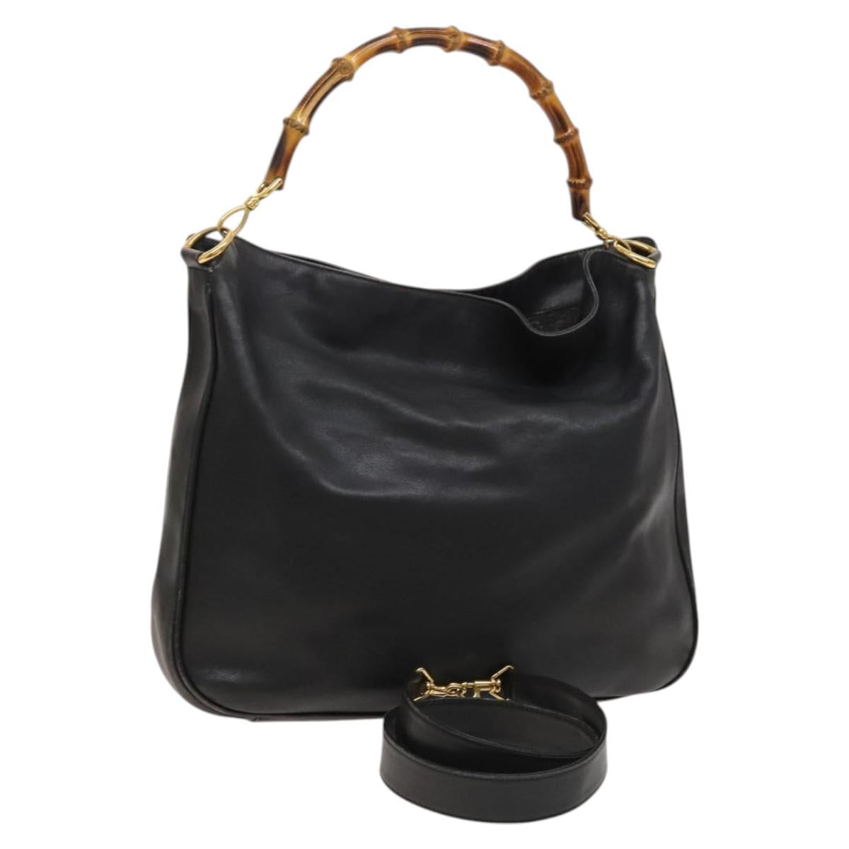 GUCCI Bamboo Shoulder Bag Leather 2way Black Gold 001 1014 1577 0 Auth 123171