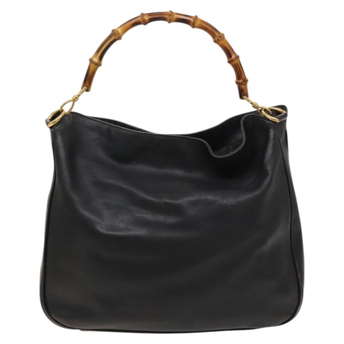 GUCCI Bamboo Shoulder Bag Leather 2way Black Gold 001 1014 1577 0 Auth 123171