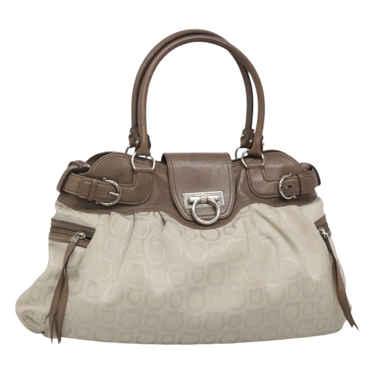 Salvatore Ferragamo Gancini Hand Bag Canvas Leather Beige Silver Auth 123187