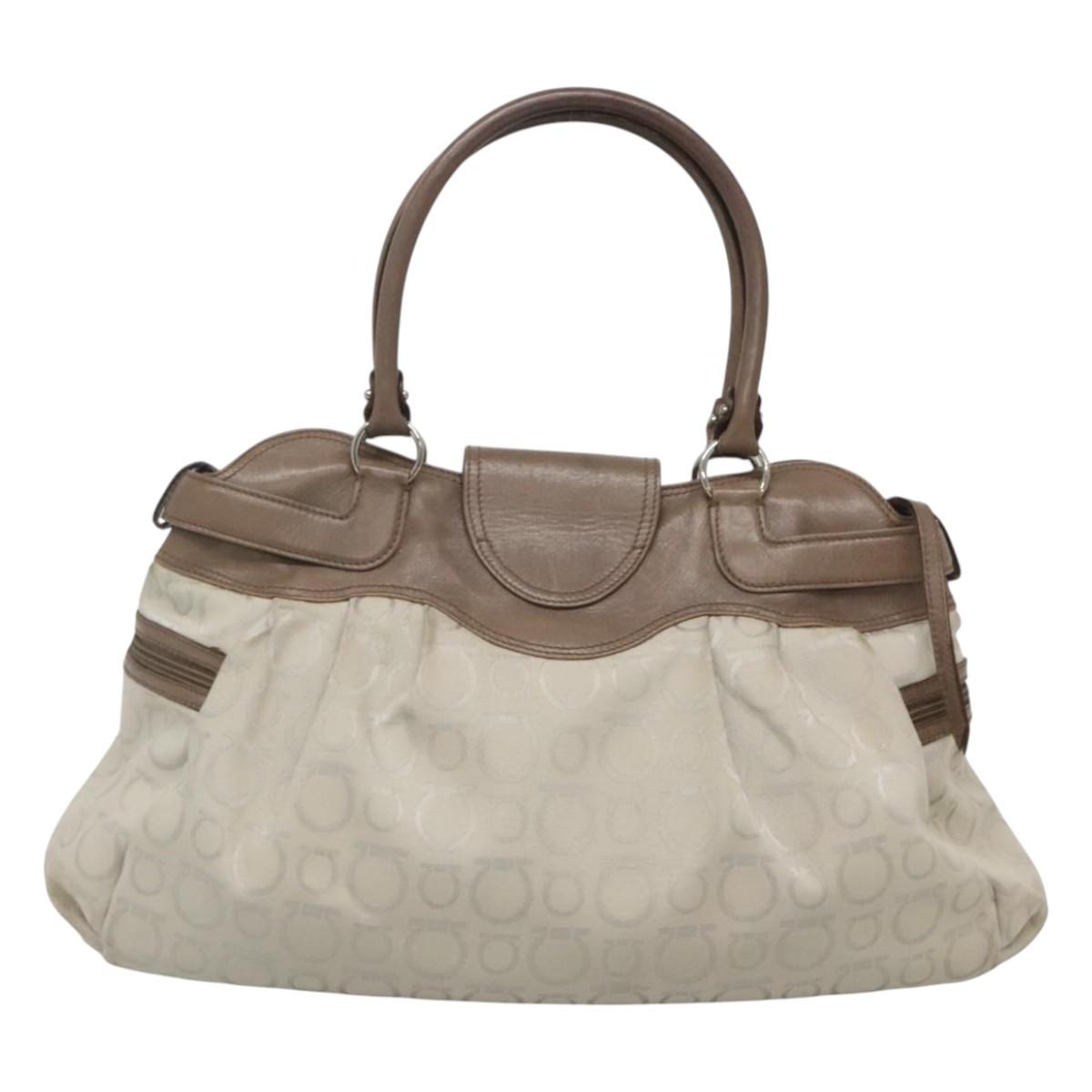 Salvatore Ferragamo Gancini Hand Bag Canvas Leather Beige Silver Auth 123187