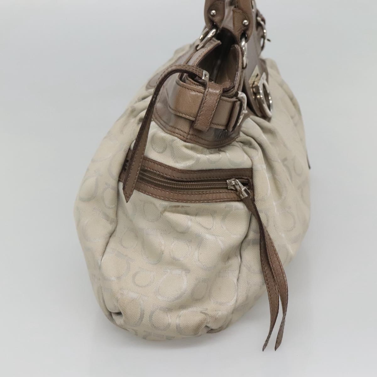 Salvatore Ferragamo Gancini Hand Bag Canvas Leather Beige Silver Auth 123187