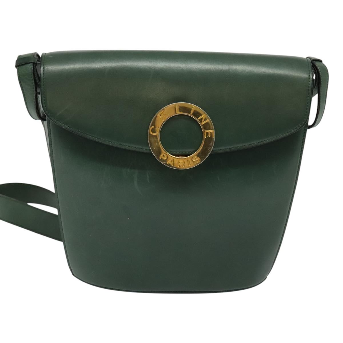CELINE Shoulder Bag Leather Green Gold Auth 123217