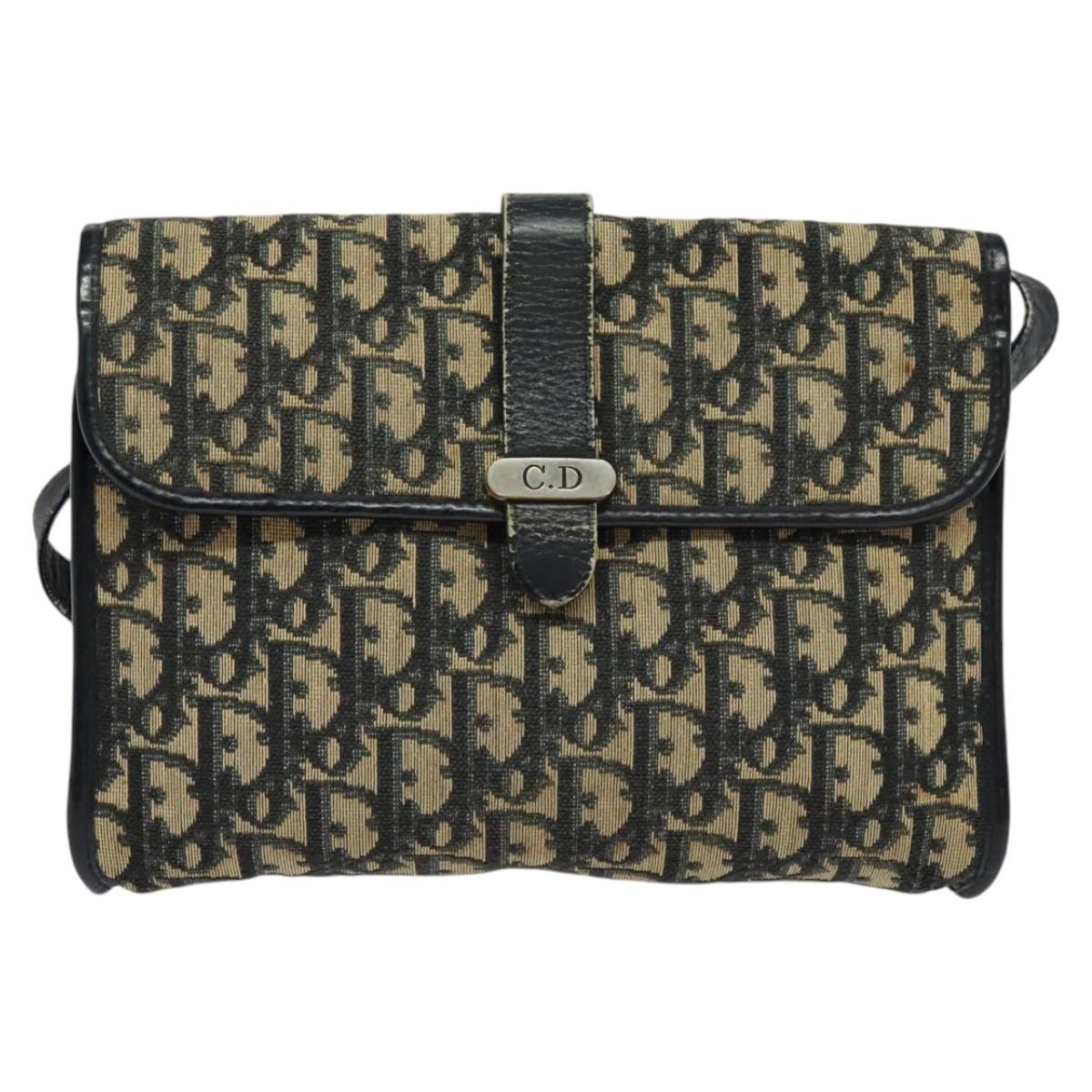 Christian Dior Trotter Canvas Shoulder Bag Navy Gold Auth 123224