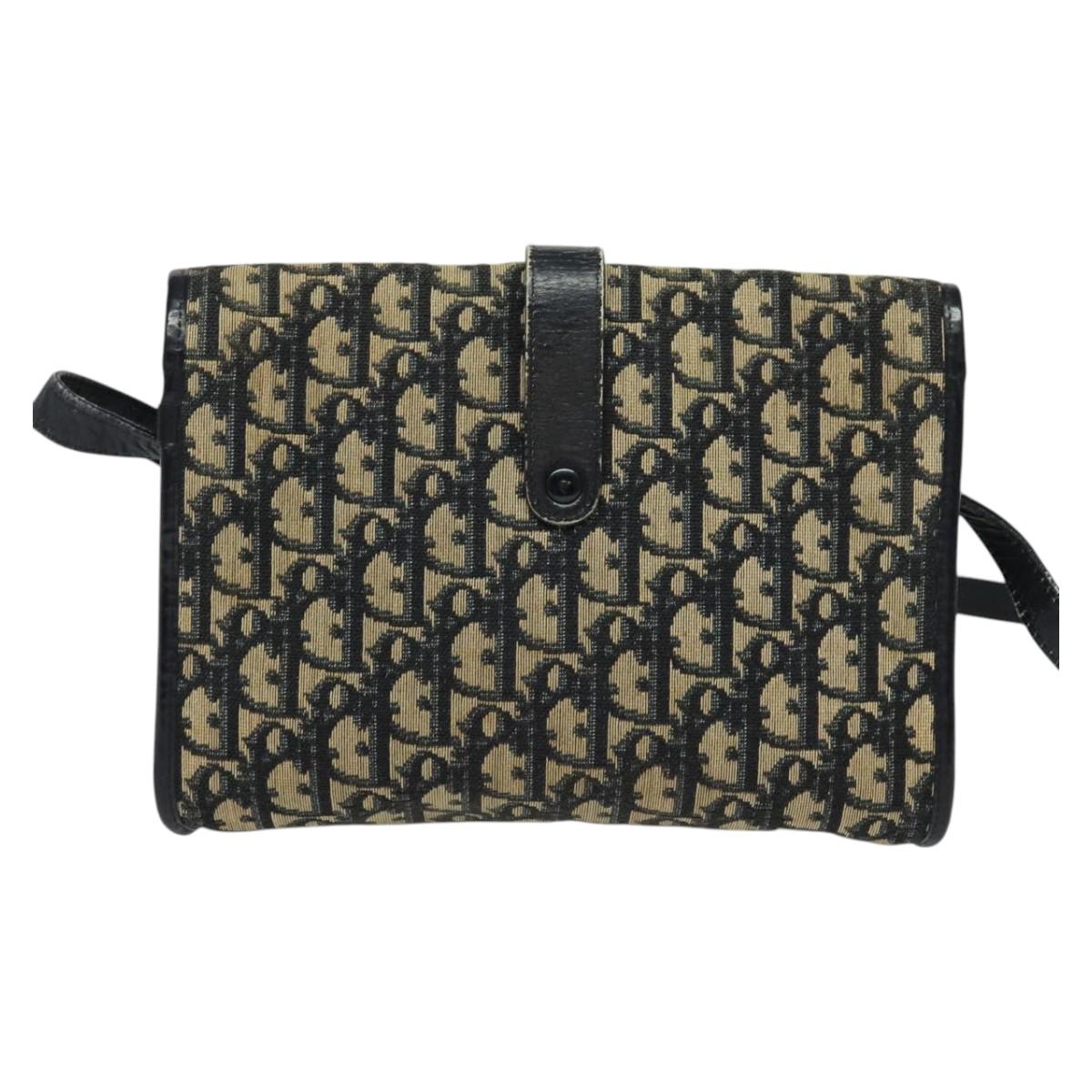 Christian Dior Trotter Canvas Shoulder Bag Navy Gold Auth 123224