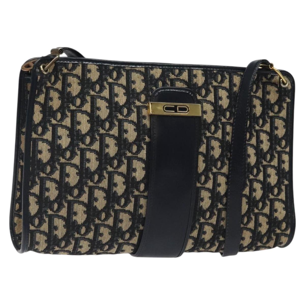 Christian Dior Trotter Canvas Shoulder Bag Navy Gold Auth 123314