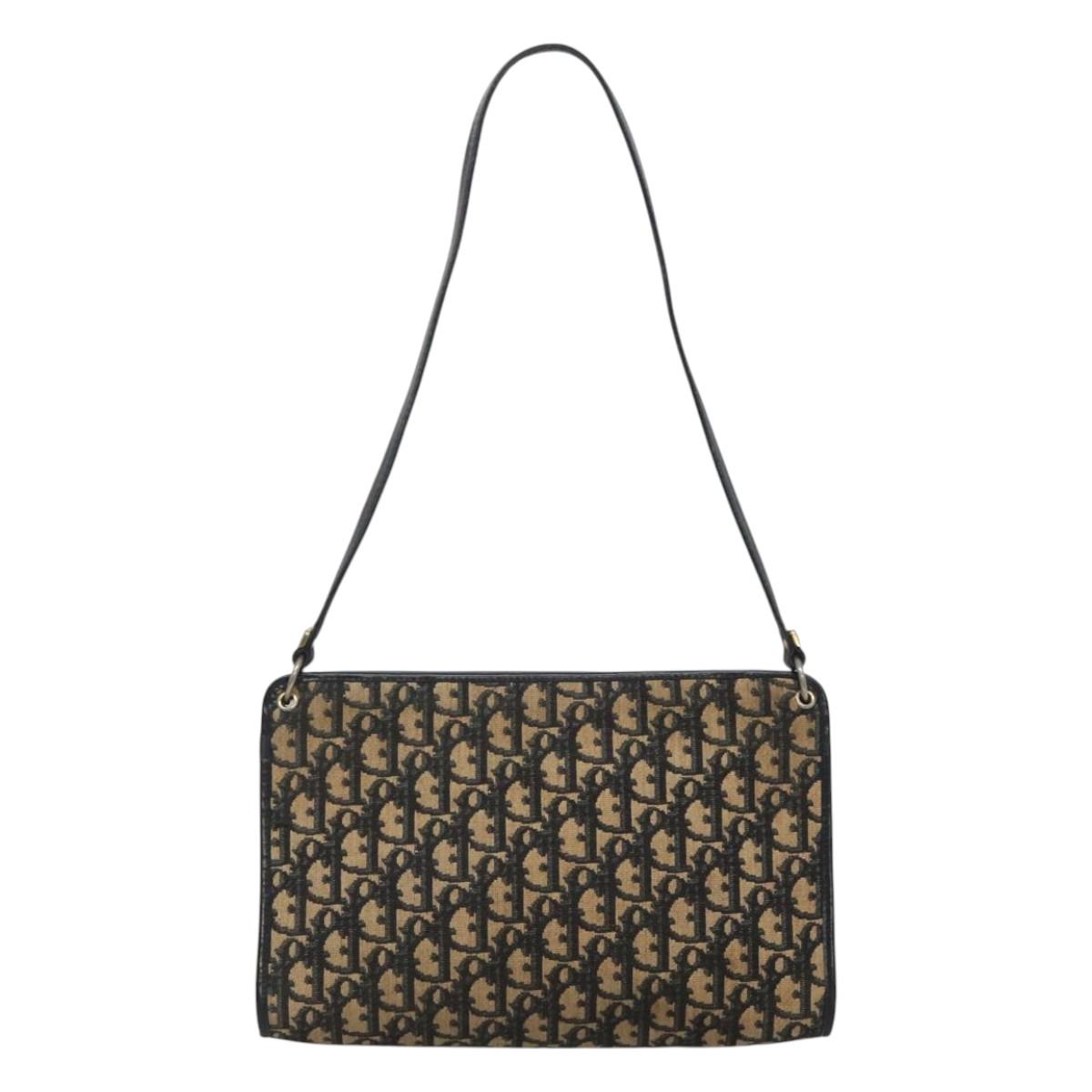 Christian Dior Trotter Canvas Shoulder Bag Navy Gold Auth 123357