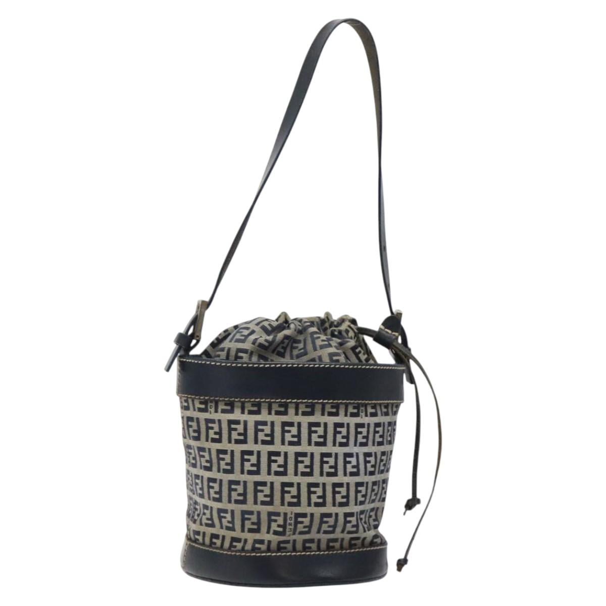 FENDI Zucchino Canvas Shoulder Bag Navy Silver Auth 123405