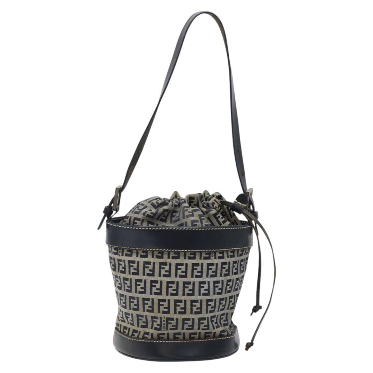 FENDI Zucchino Canvas Shoulder Bag Navy Silver Auth 123405