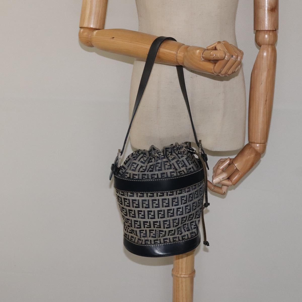 FENDI Zucchino Canvas Shoulder Bag Navy Silver Auth 123405