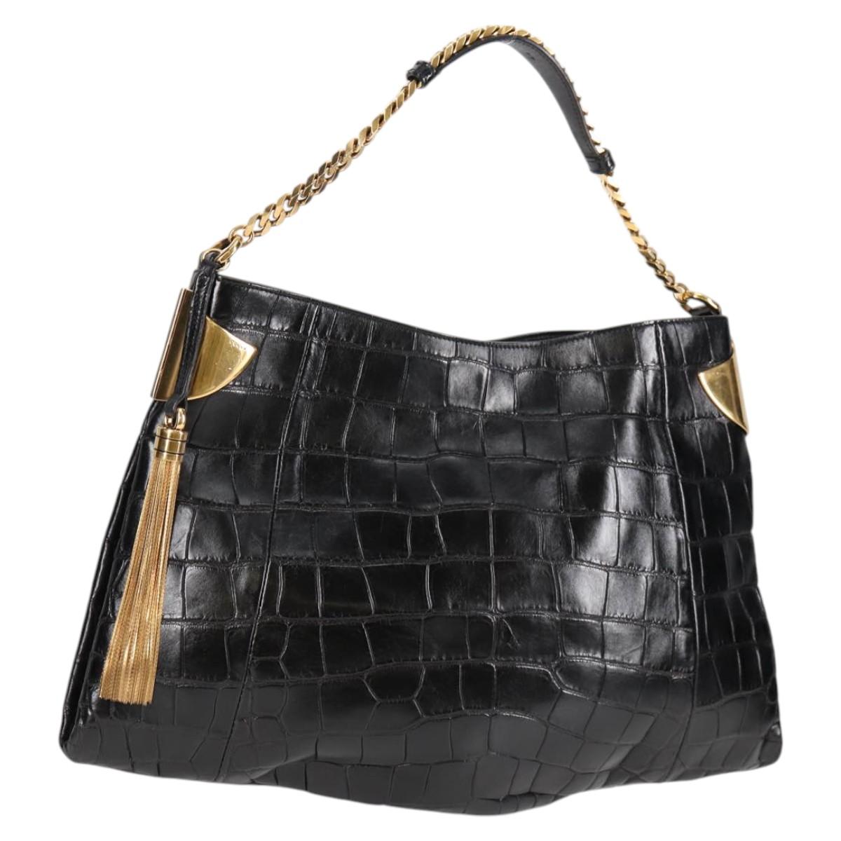 GUCCI Chain Shoulder Bag Leather Black Gold 290682 Auth 123498V