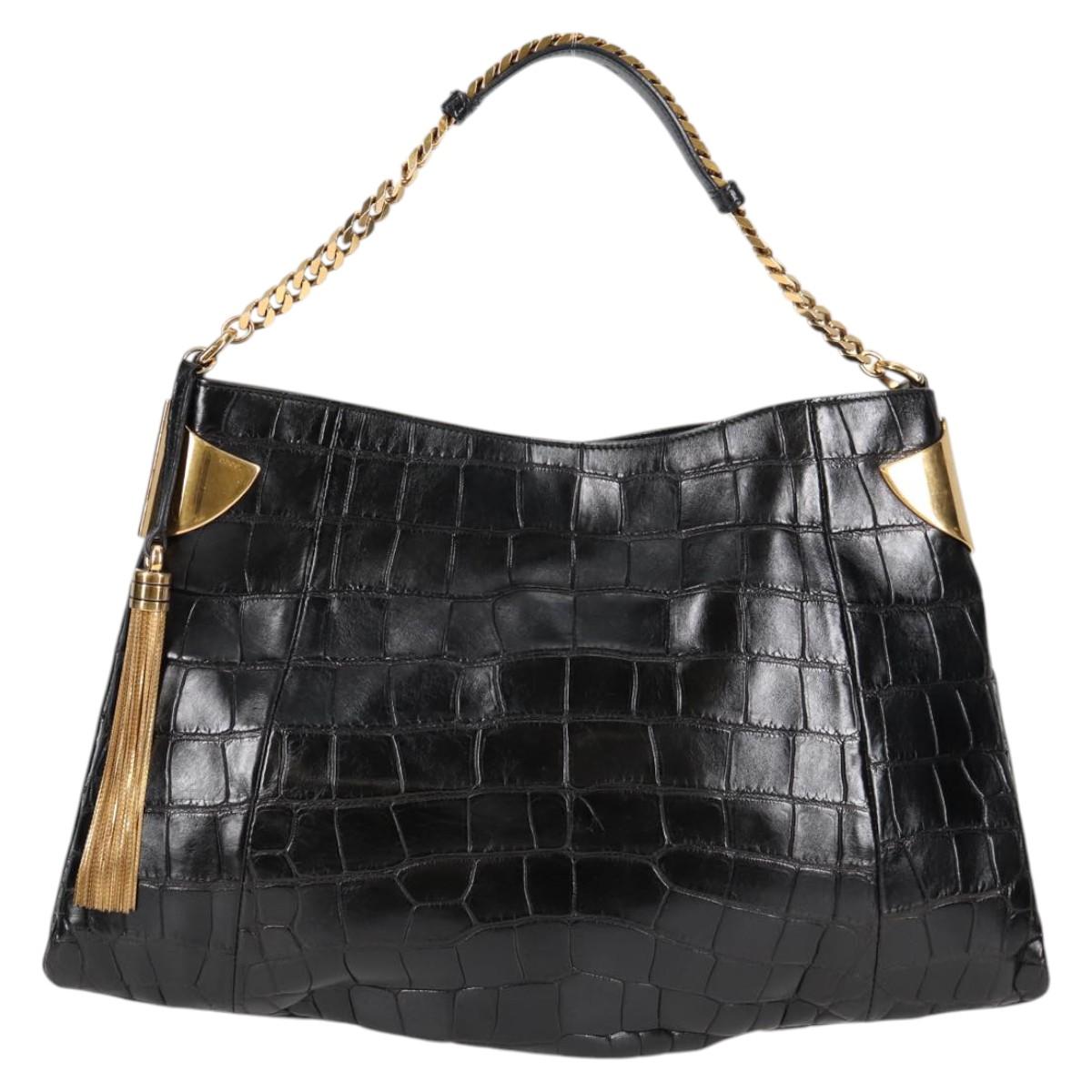 GUCCI Chain Shoulder Bag Leather Black Gold 290682 Auth 123498V