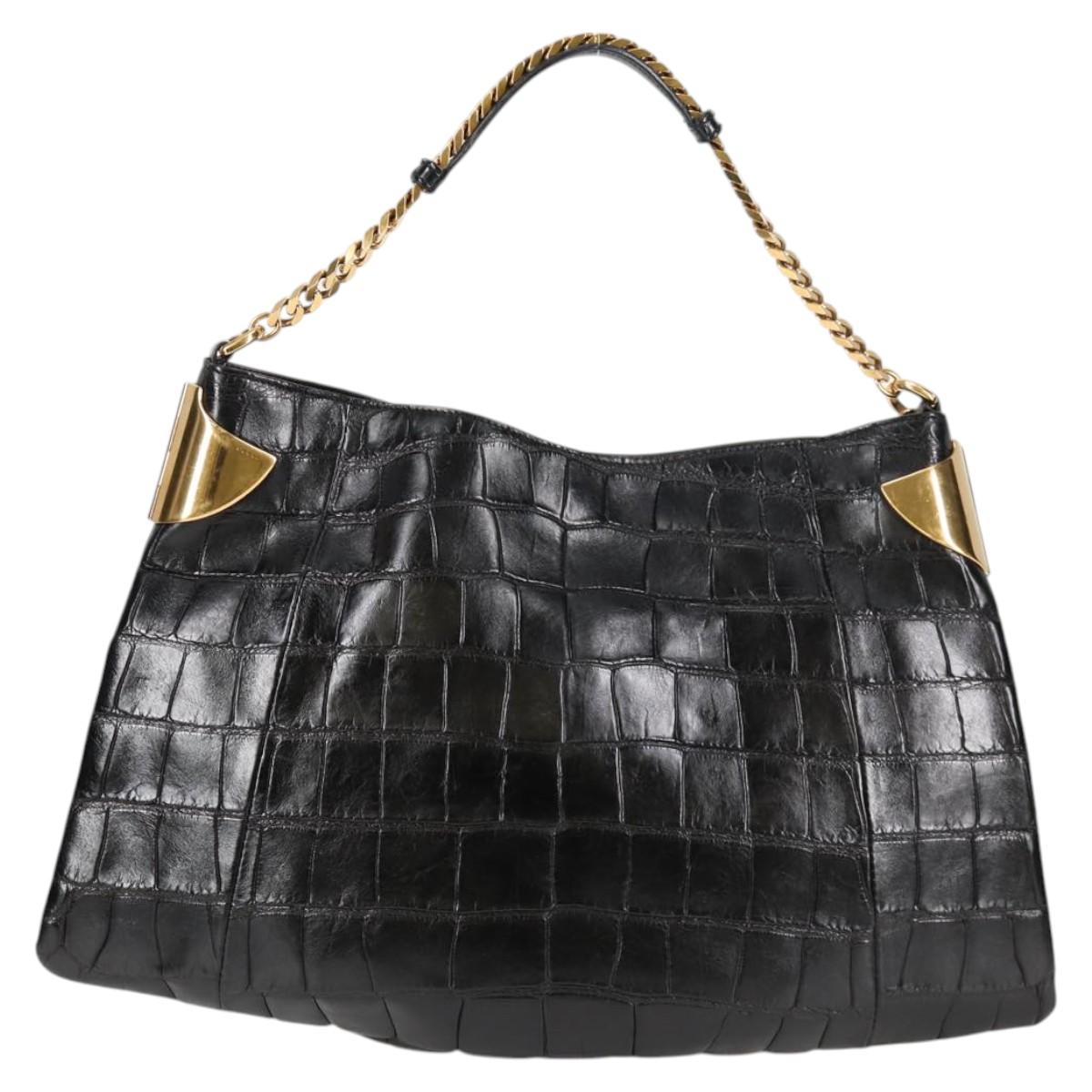 GUCCI Chain Shoulder Bag Leather Black Gold 290682 Auth 123498V
