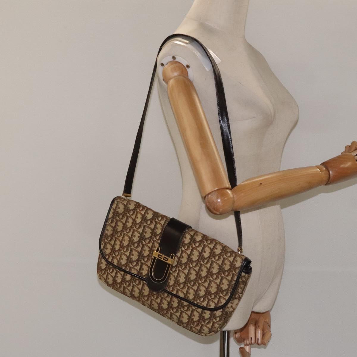 Christian Dior Trotter Canvas Shoulder Bag Brown Gold Auth 123499