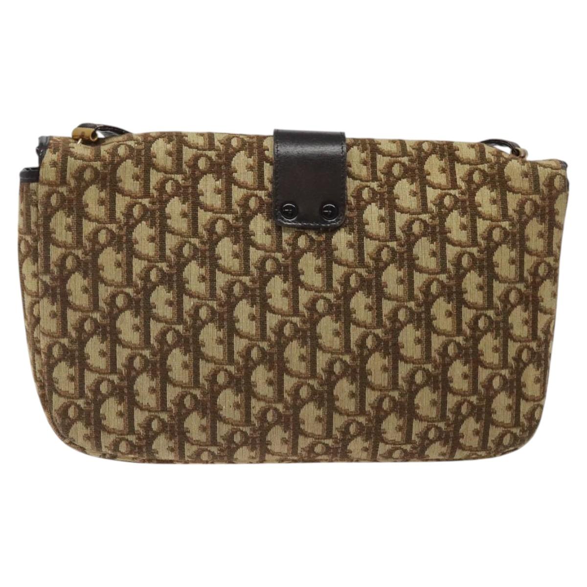 Christian Dior Trotter Canvas Shoulder Bag Brown Gold Auth 123499