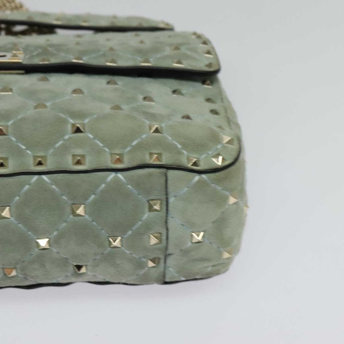 VALENTINO Studs Chain Shoulder Bag Suede Light Blue Silver Auth 123555
