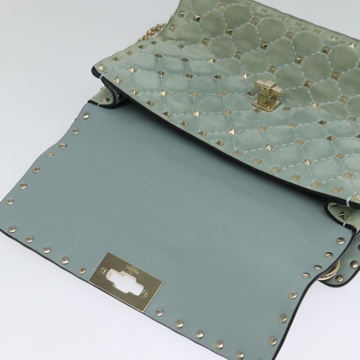 VALENTINO Studs Chain Shoulder Bag Suede Light Blue Silver Auth 123555