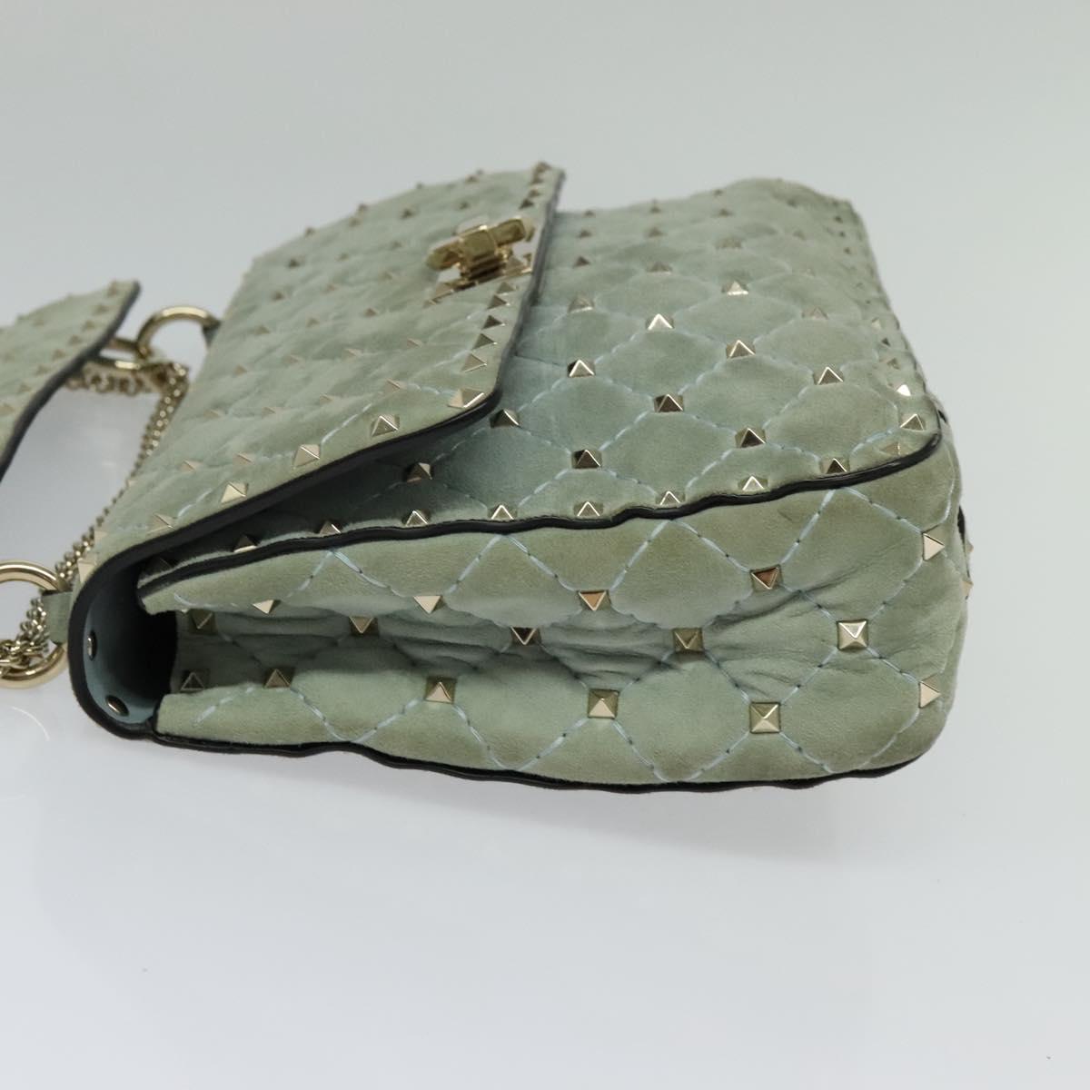 VALENTINO Studs Chain Shoulder Bag Suede Light Blue Silver Auth 123555