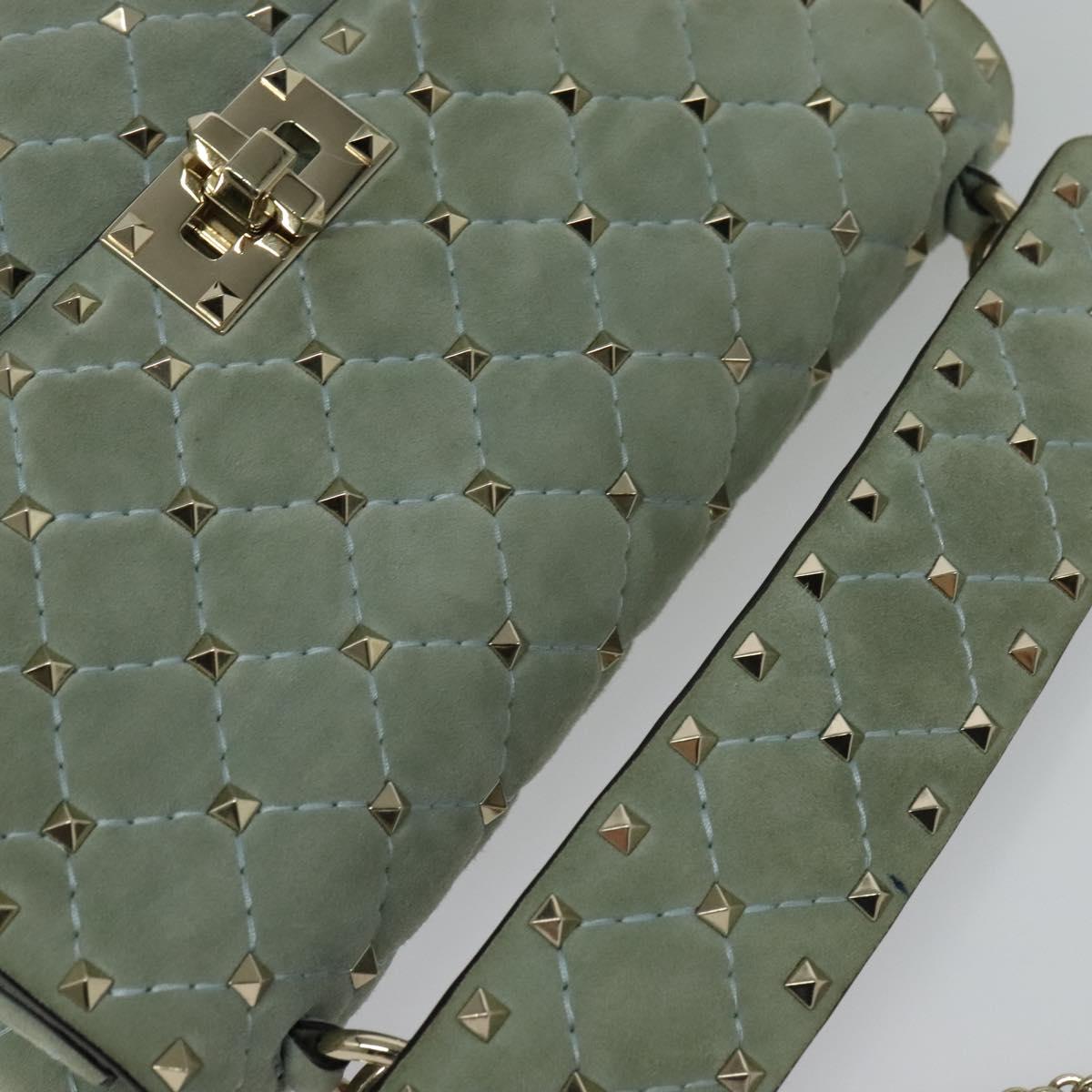 VALENTINO Studs Chain Shoulder Bag Suede Light Blue Silver Auth 123555