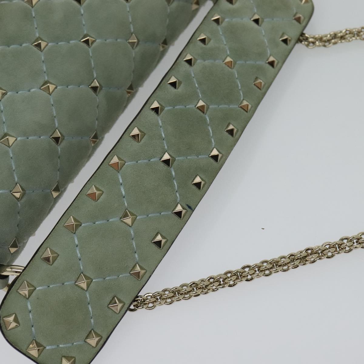 VALENTINO Studs Chain Shoulder Bag Suede Light Blue Silver Auth 123555