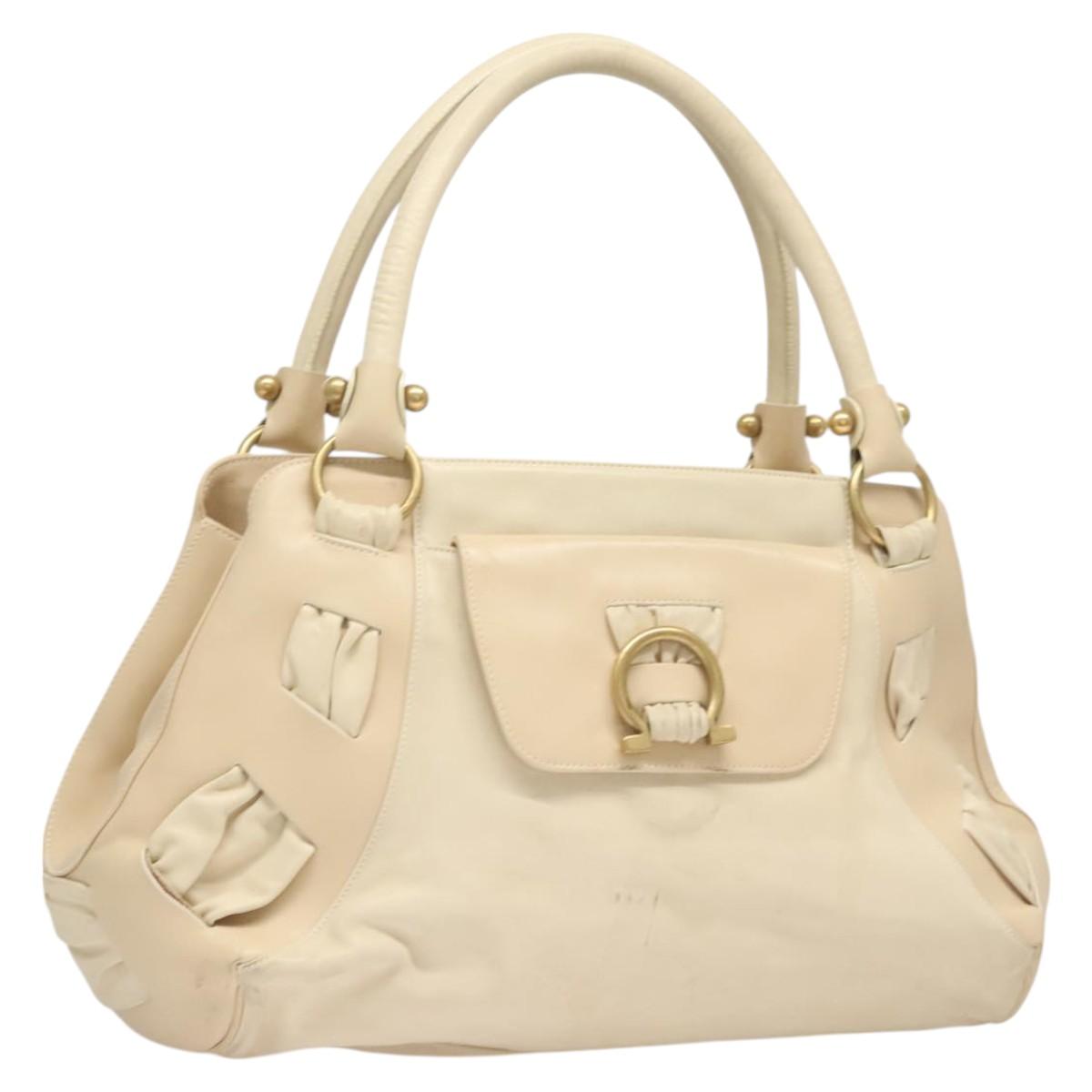 Salvatore Ferragamo Gancini Shoulder Bag Leather White Gold Auth 123574