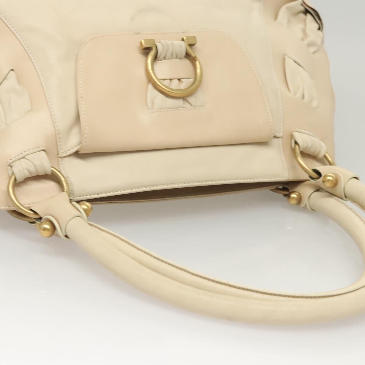 Salvatore Ferragamo Gancini Shoulder Bag Leather White Gold Auth 123574