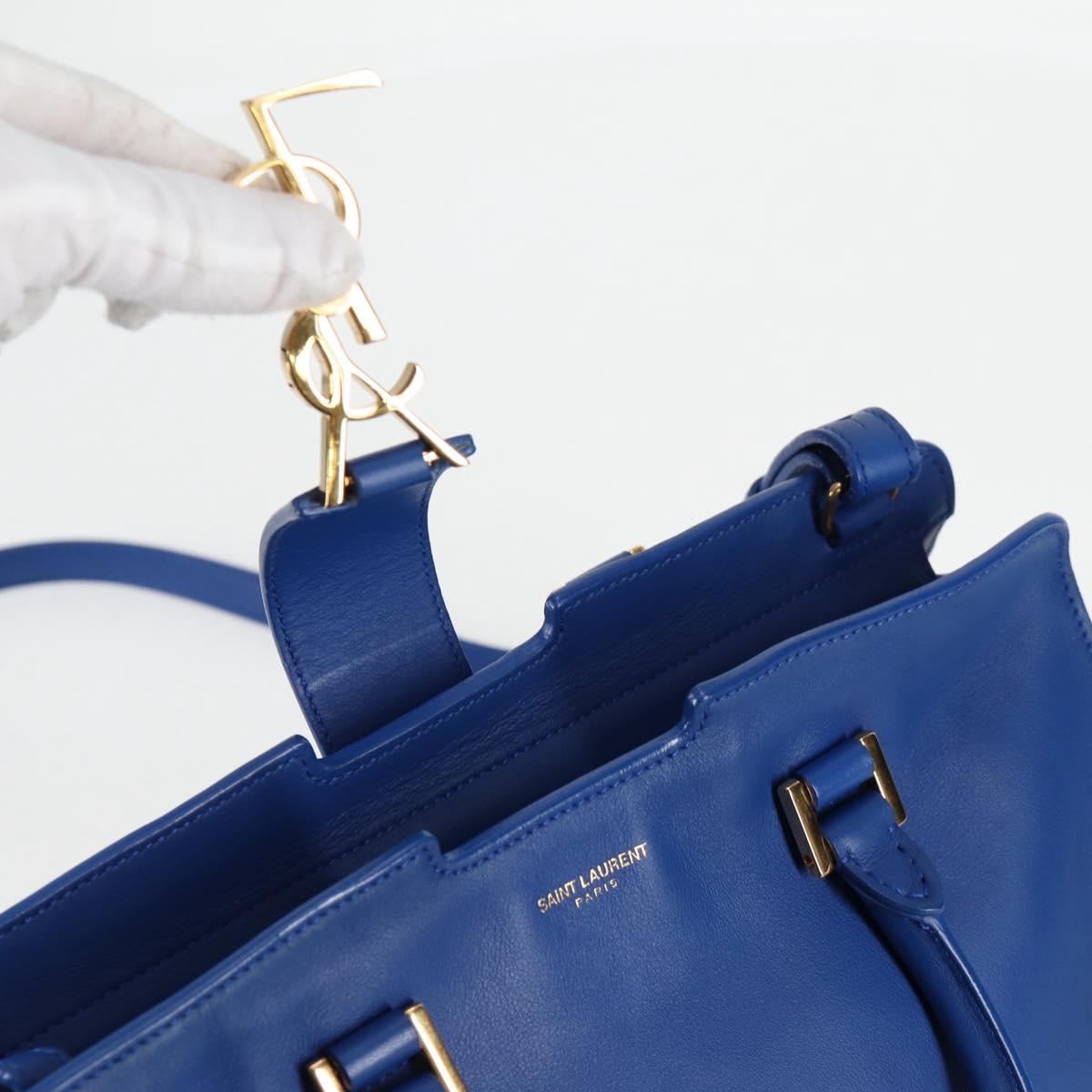 SAINT LAURENT Baby Kabas Hand Bag Leather 2way Blue Gold Auth 123590M