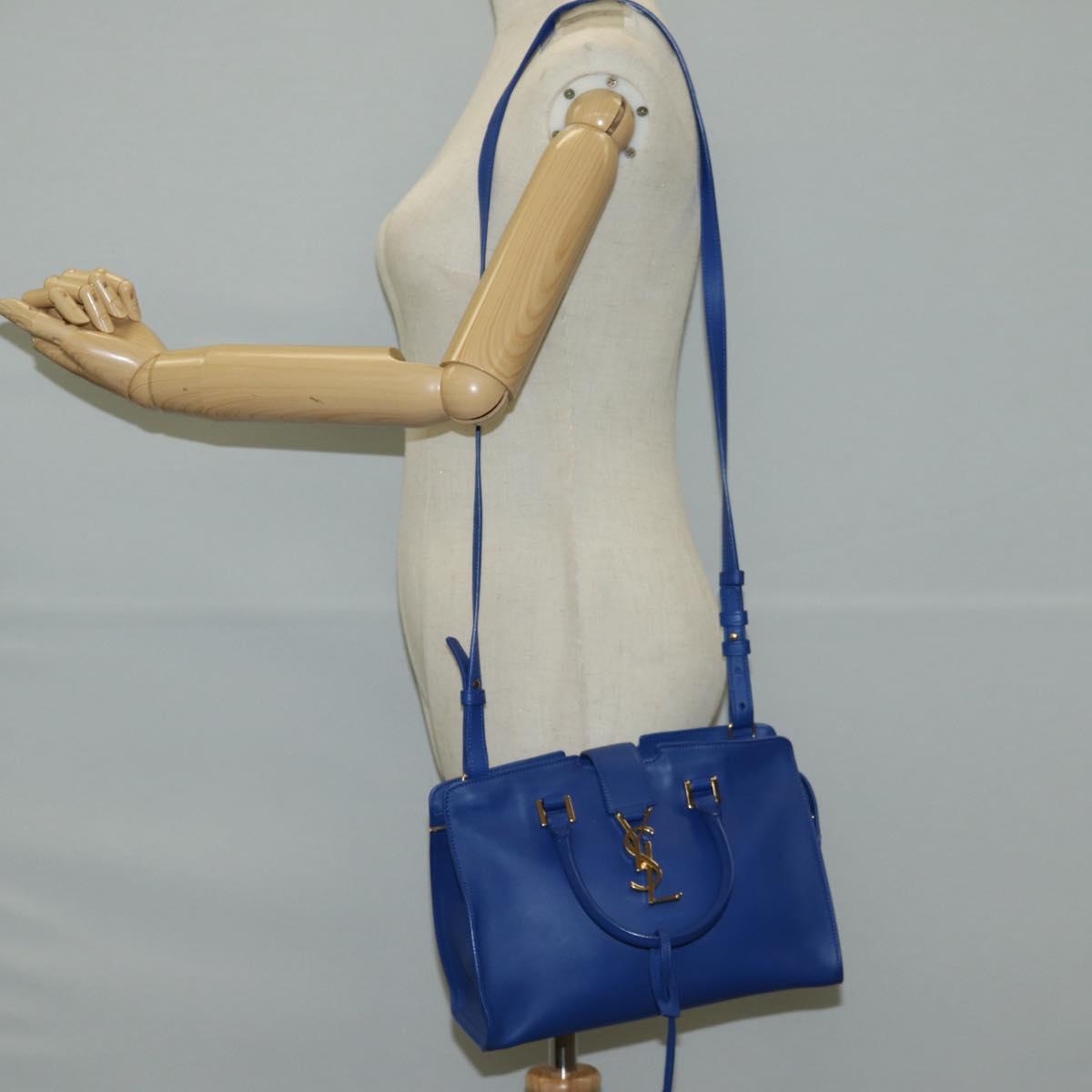SAINT LAURENT Baby Kabas Hand Bag Leather 2way Blue Gold Auth 123590M