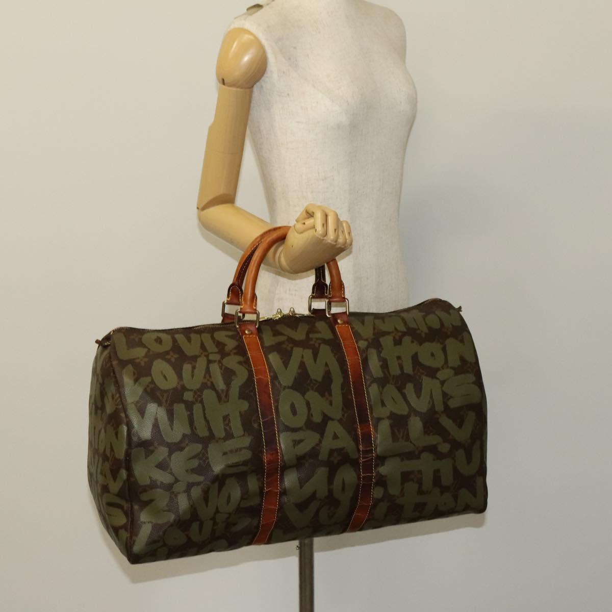 LOUIS VUITTON Monogram Graffiti Keepall 50 Boston Bag Khaki M92196 Auth 123702