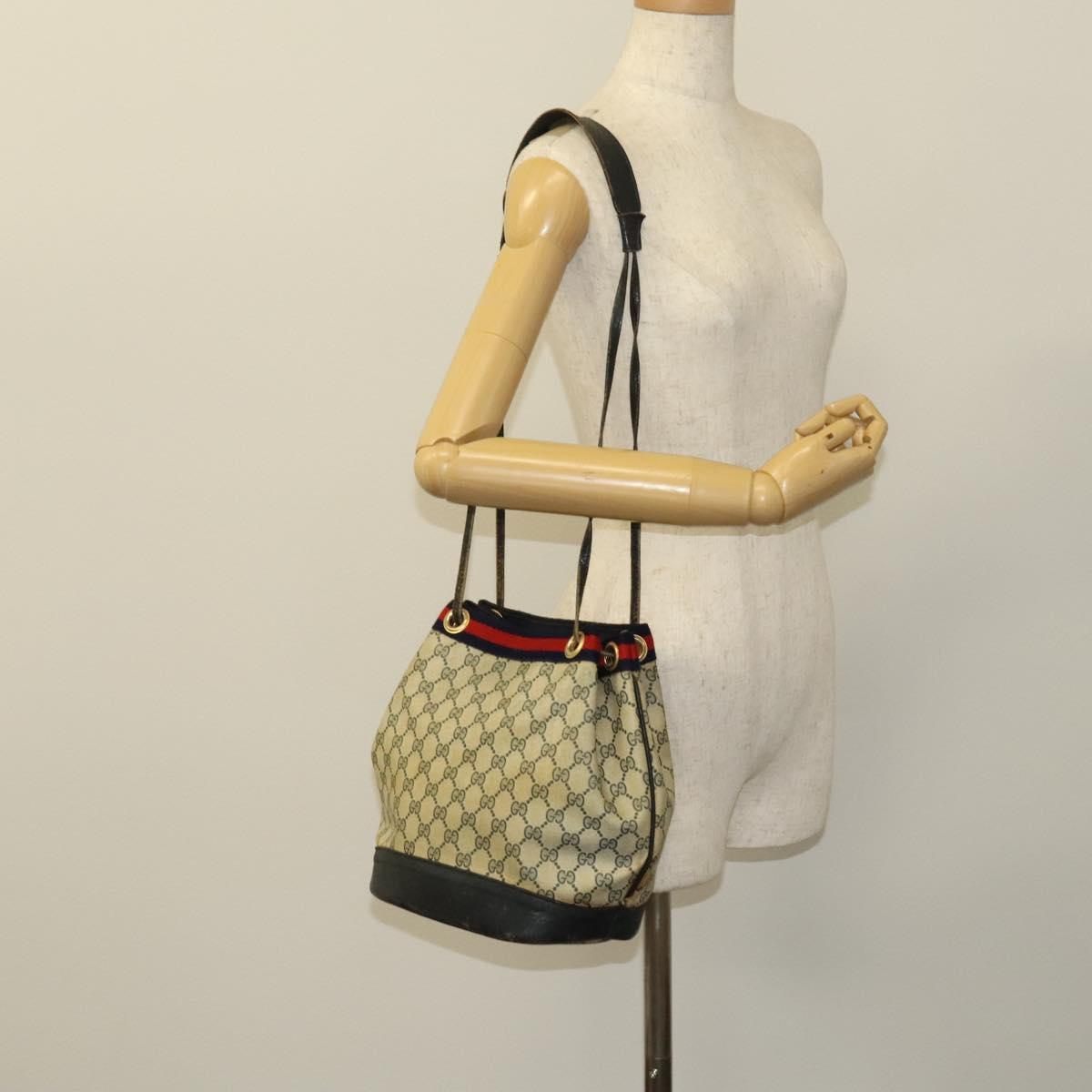GUCCI GG Supreme Sherry Line Shoulder Bag PVC Navy Gold Red Auth 123716